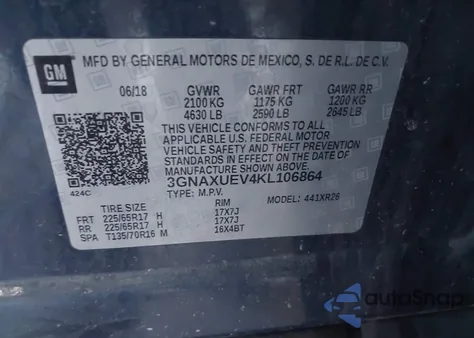 2019 Chevrolet Equinox Lt z USA, uszkodzony, nr VIN 3GNAXUEV4KL106864